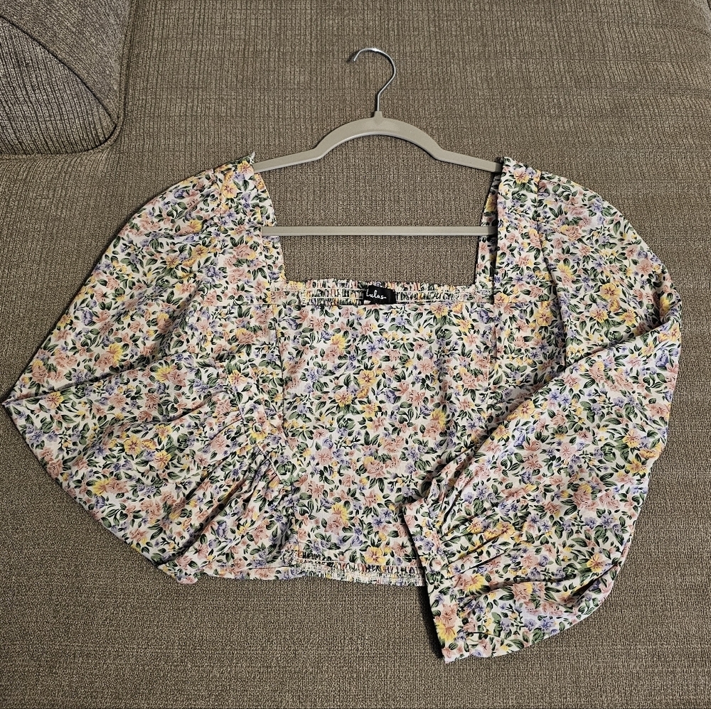 Lulus Floral Square Neck Puff Sleeve Boho Casual Summer Cropped Top Size Medium